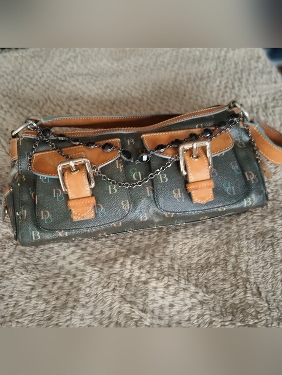Dooney & Bourke Handbags - Dooney & Bourke Brown Logo Shoulder Bag with Tan Trim and Chain Detail